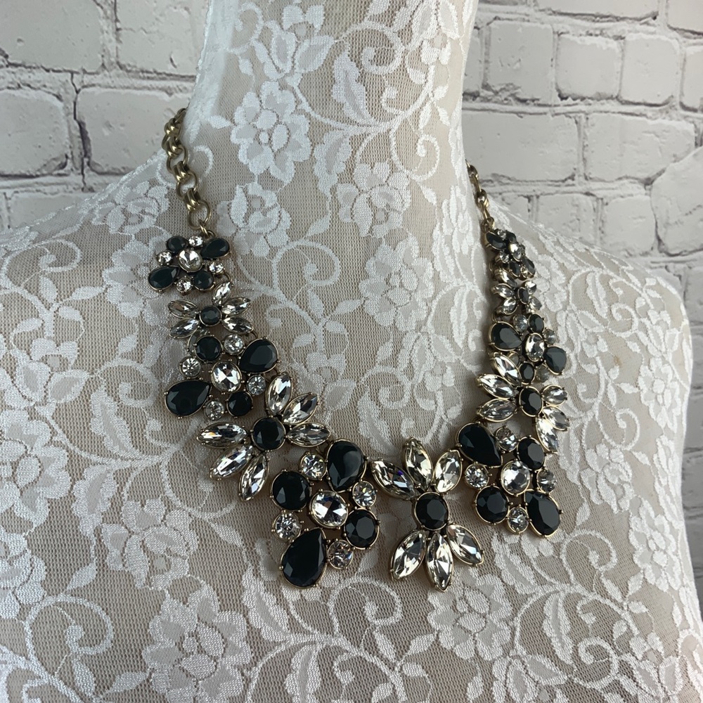 Statement Bib Necklace Black Clear Rhinestones - image 4